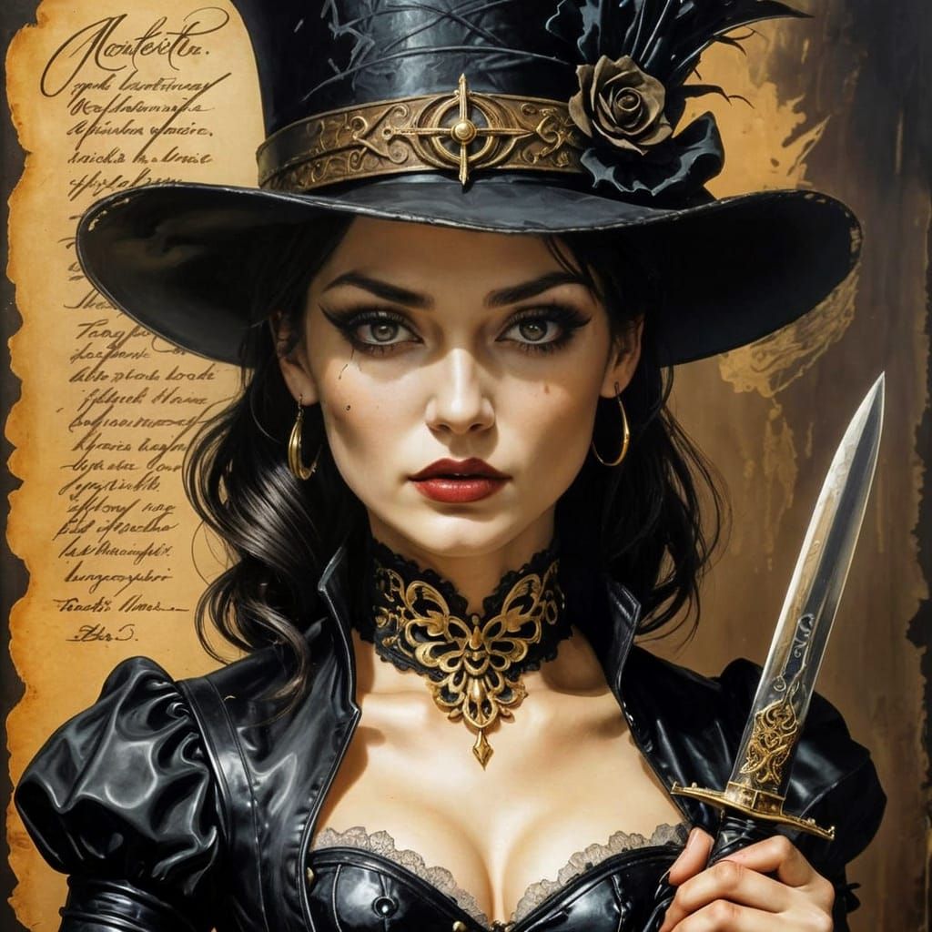 Gothic Steampunk Woman with Knife Oil Painting