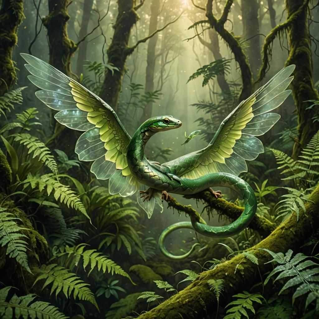 Winged Serpent in Misty Forest: Ethereal Fey Art
