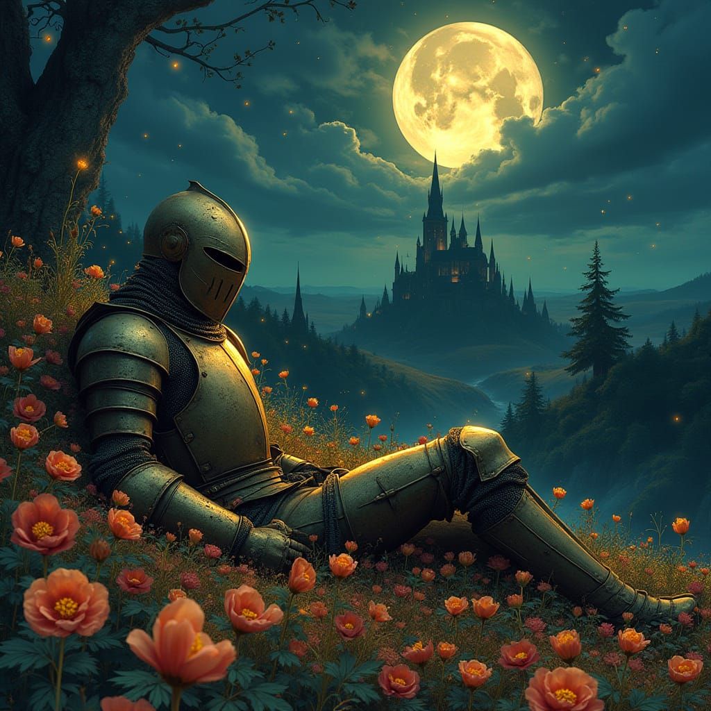 Eerie Knight Lying on Flowers Under Moonlight