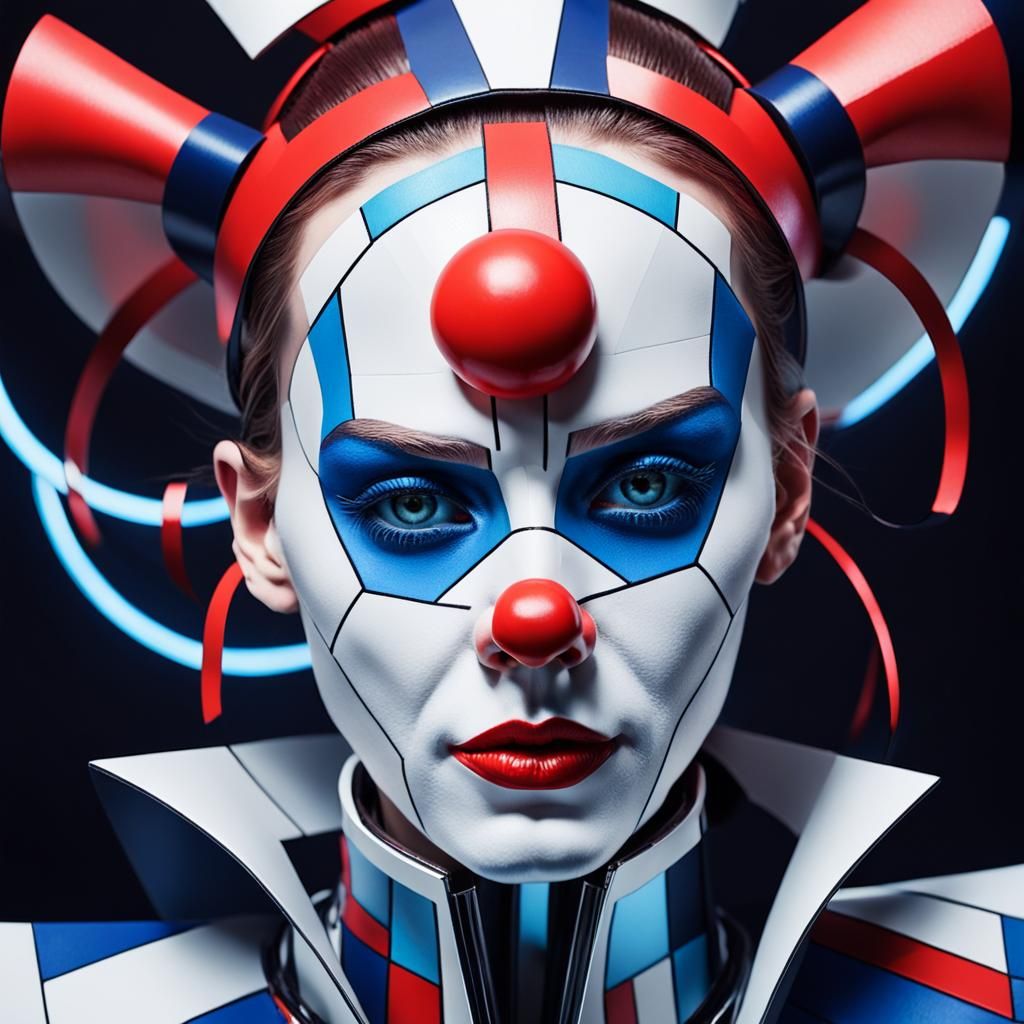 Futuristic Cyborg Clown Portrait in Cubo-Futurist Style