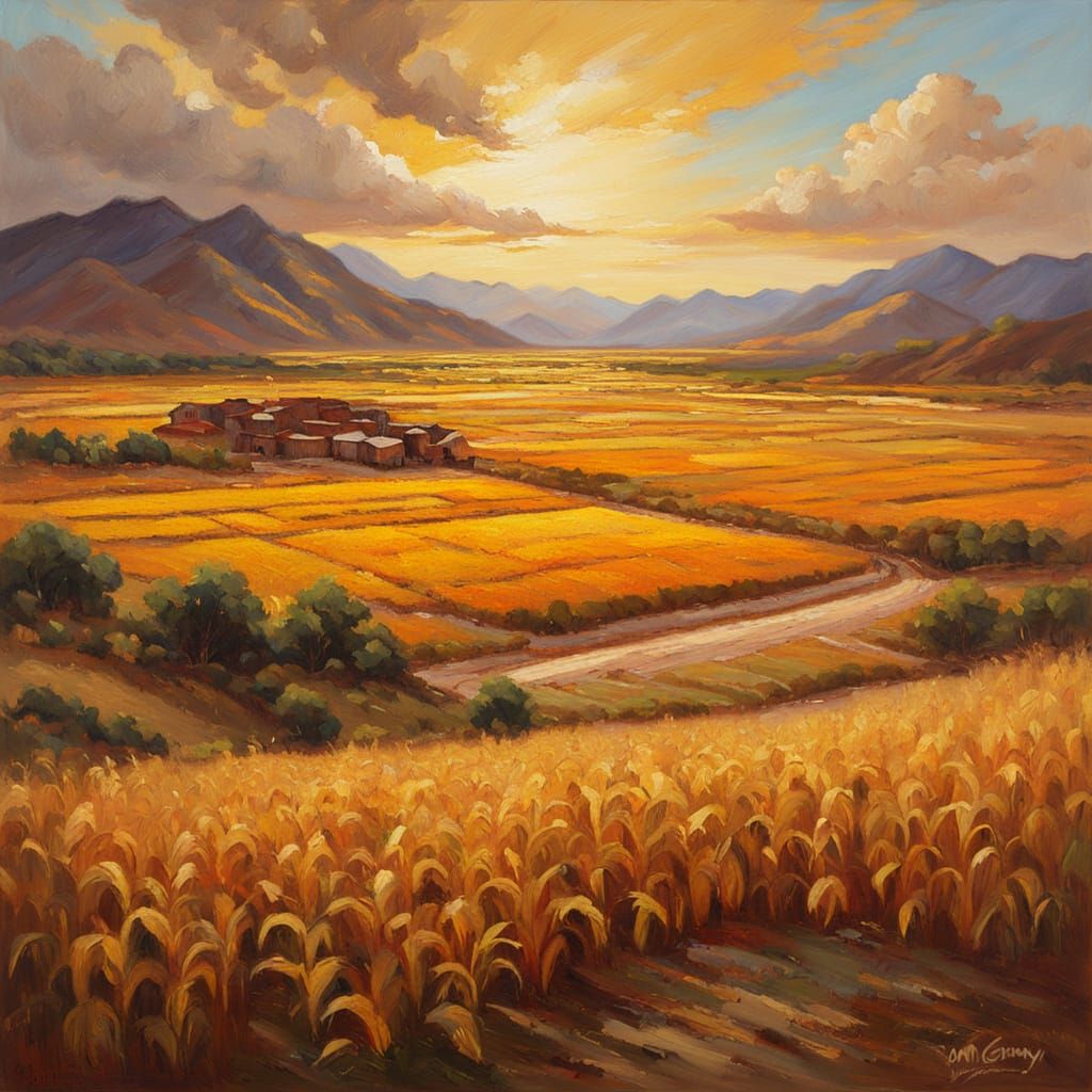 Golden Inca Fields: Impressionist Oil Painting
