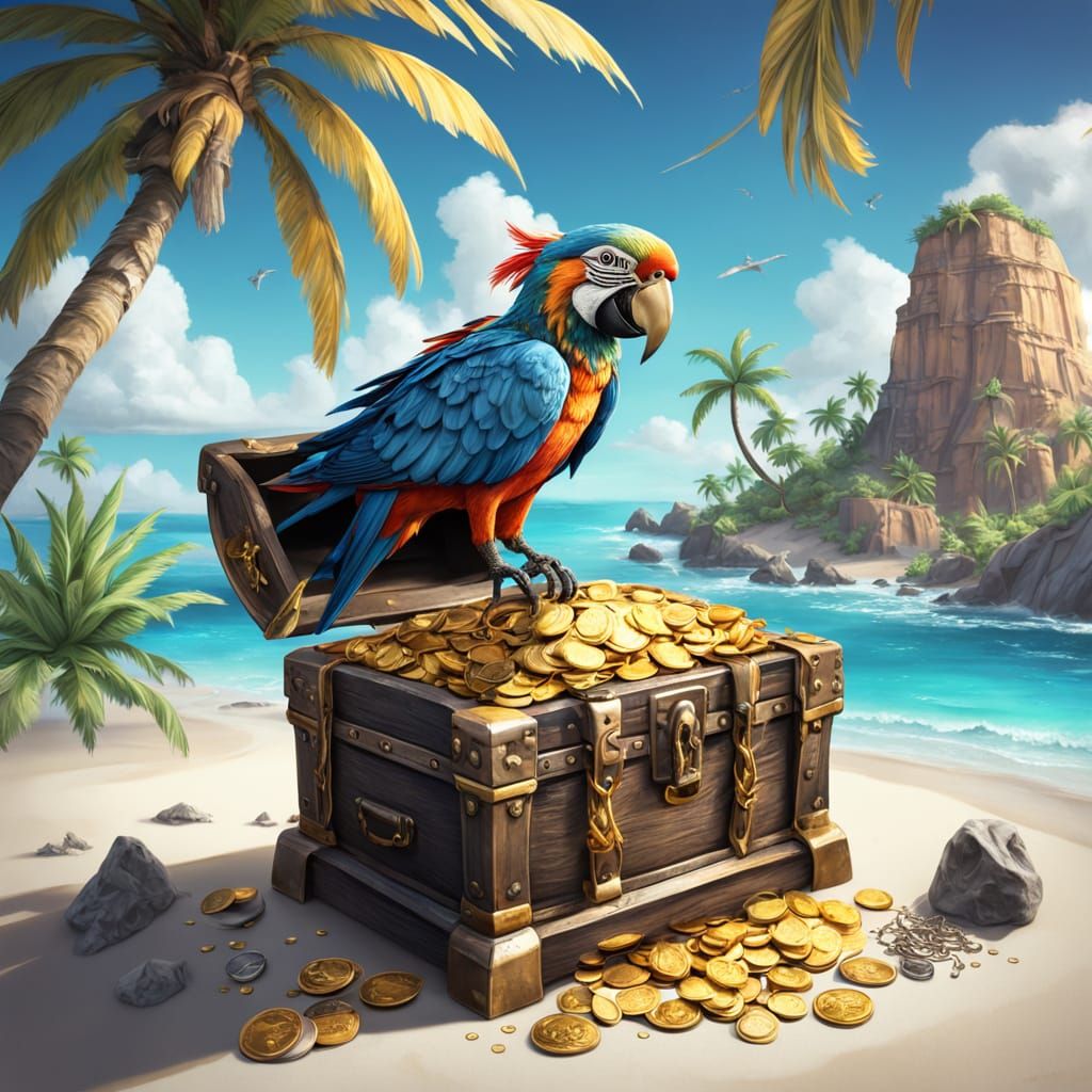 Pirate Parrots Guard Treasure on Deserted Island