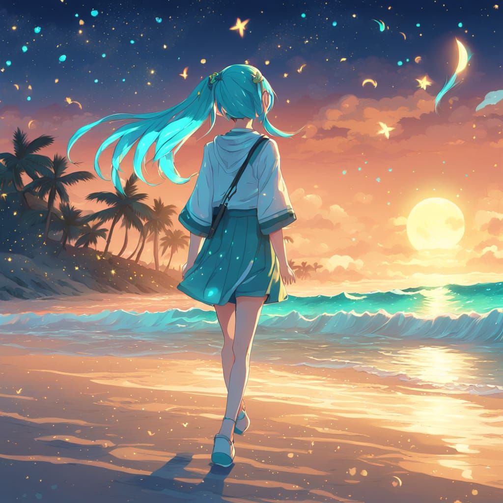 Hatsune Miku on a Sparkling Beach at Night
