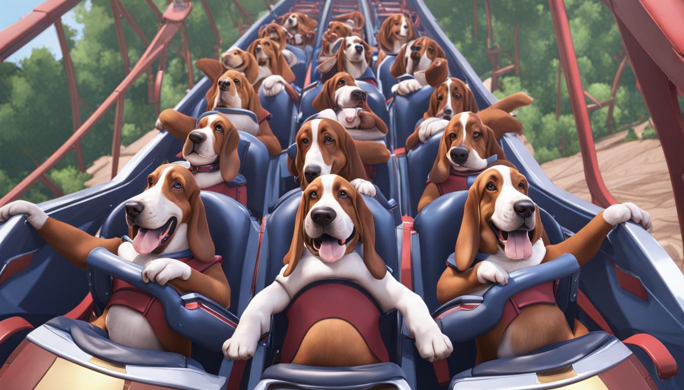 Basset Hounds on a Rollercoaster in 3D