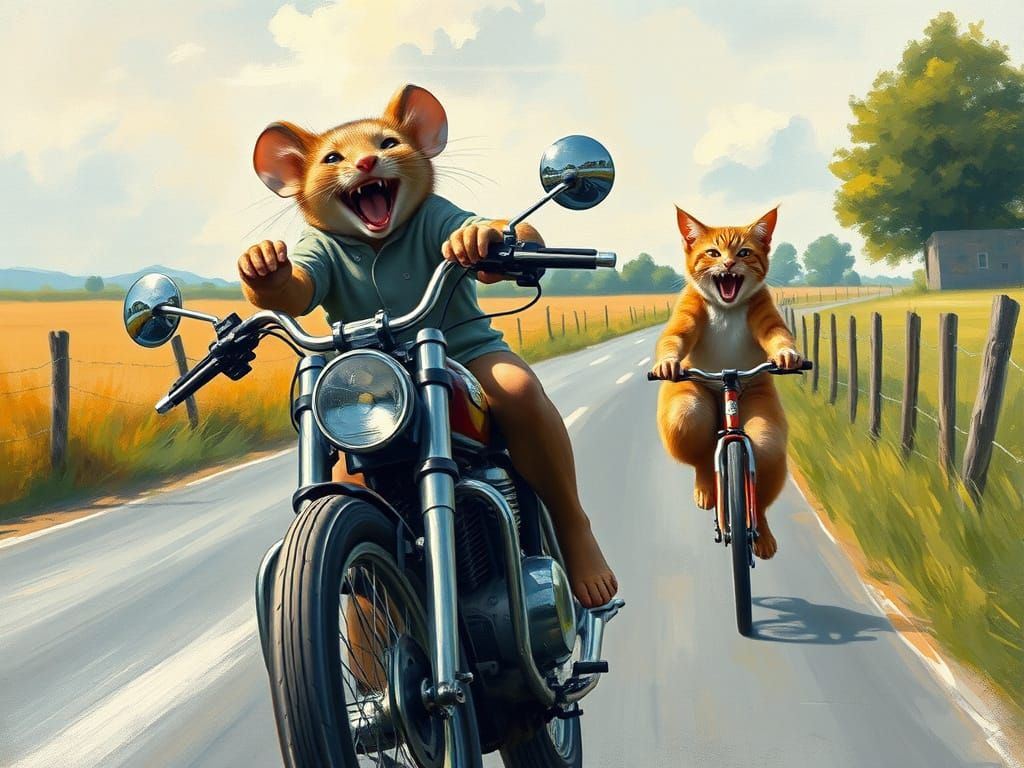 Mouse on Motorcycle Overtakes Cat: Gouache Style