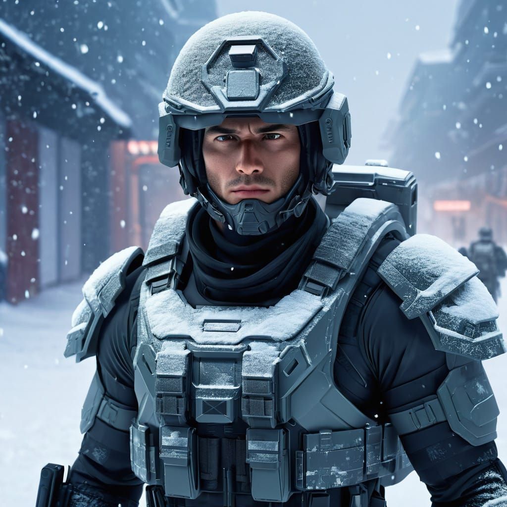 Scifi Soldier Anime Boy in a snow storm...