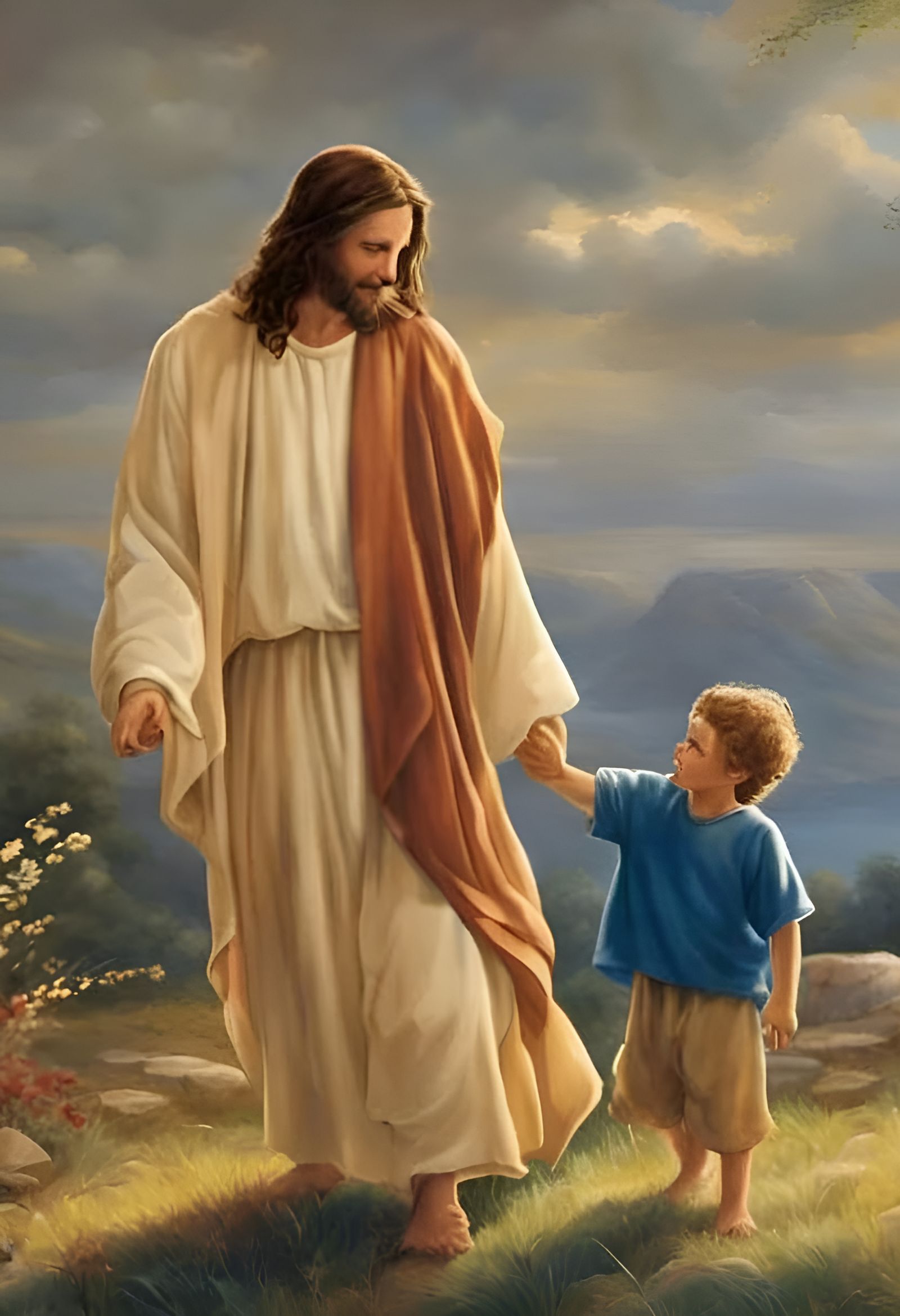 Jesus Christ Guiding Boy: Matte Painting in Godly Style
