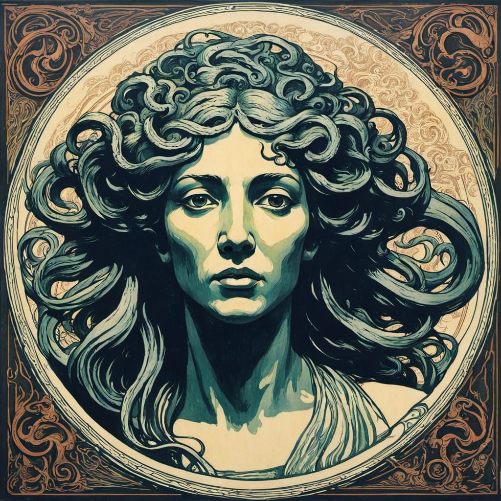 Gorgon Goddess in Medusa-Inspired Woodcut Art