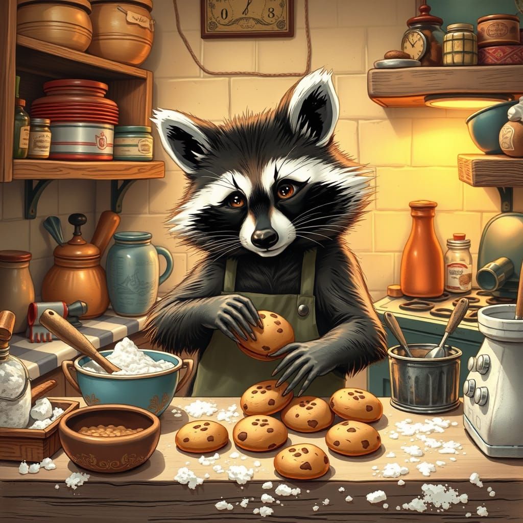 Raccoon Bakes Cookies in Miniature Kitchen