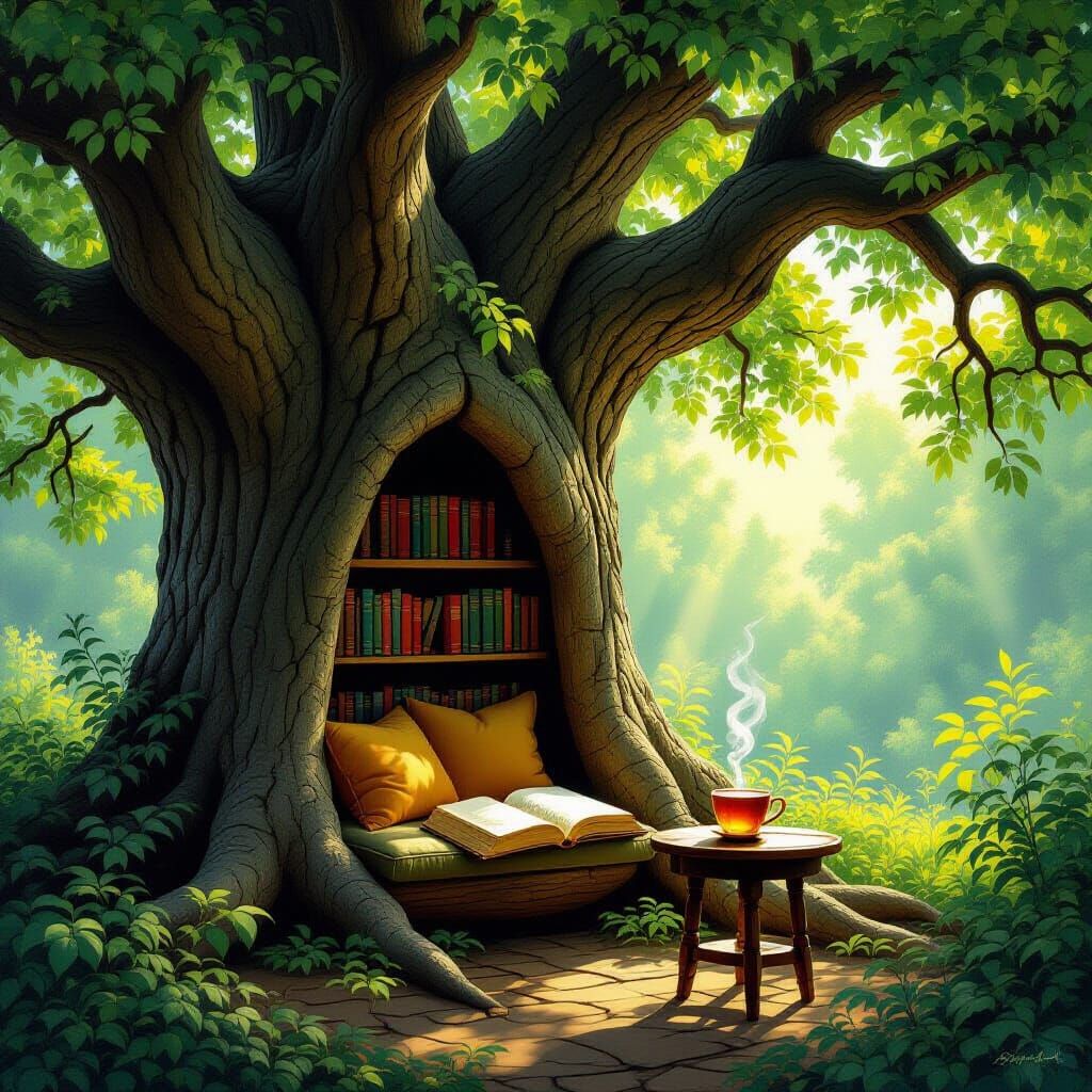 Cozy Reading Nook Inside Ancient Tree, Moody Oil Painting
