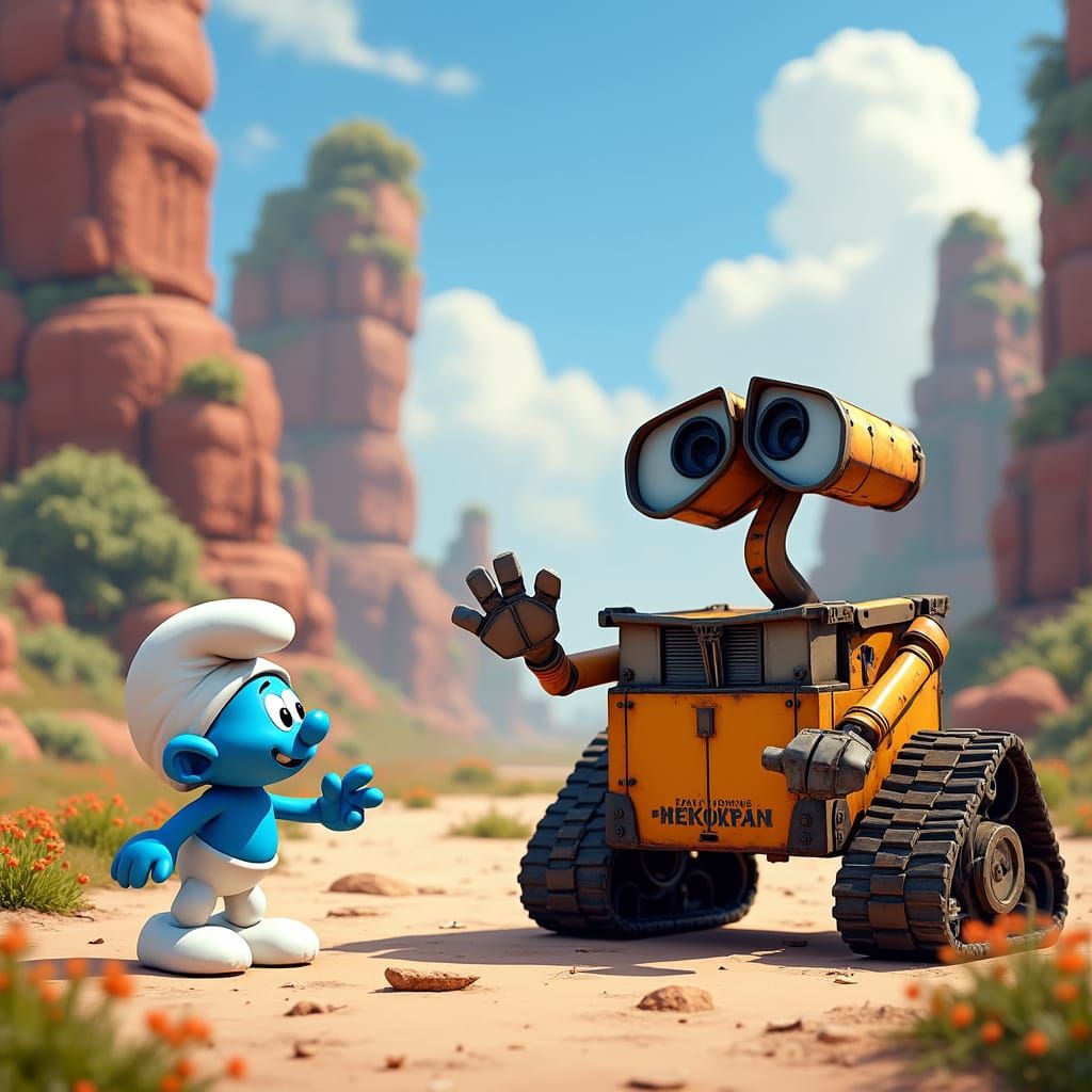 Wall-E and Smurf in Miyazaki-Inspired World