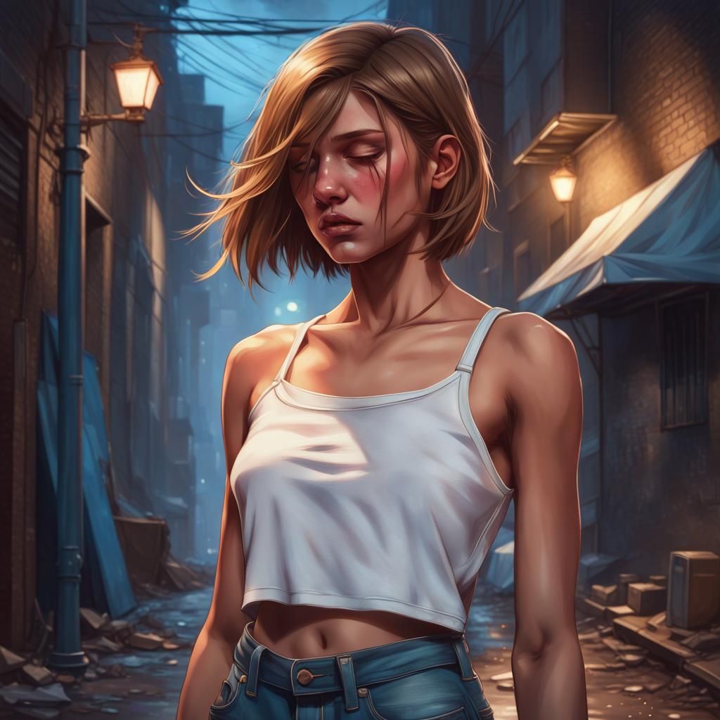 Teenage Girl Crying in Alley, Detailed Portrait