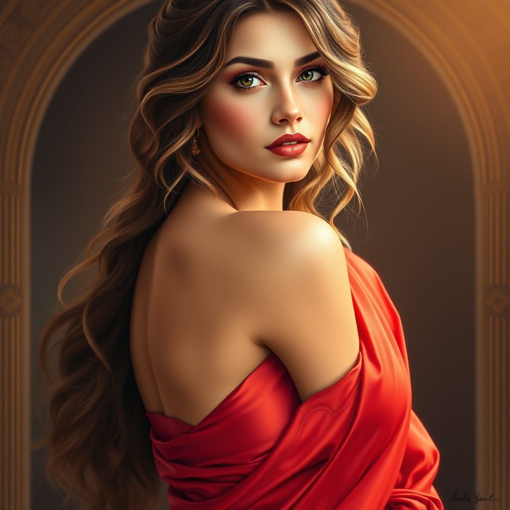 Hyper-Realistic Portrait of a Woman in Red Satin Saree