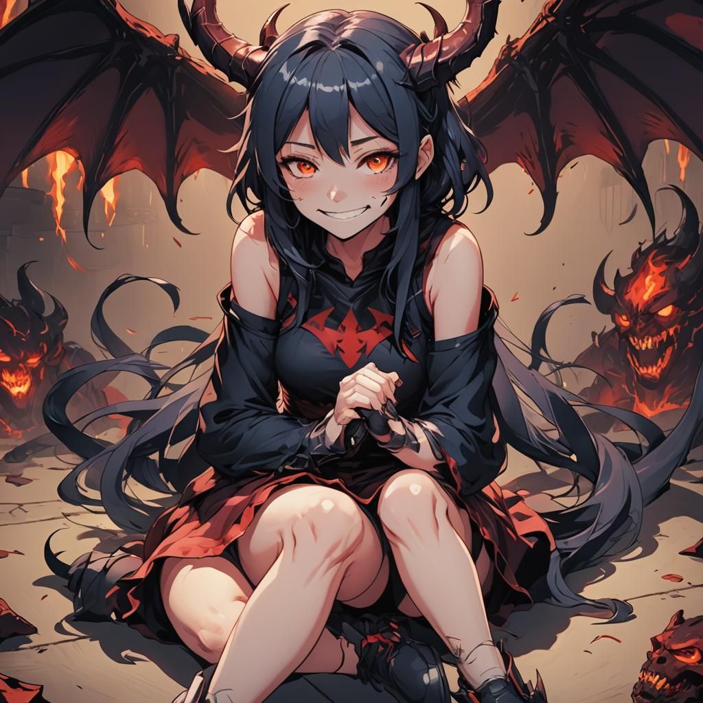 Smiling Demon Girl in Manga Anime Style