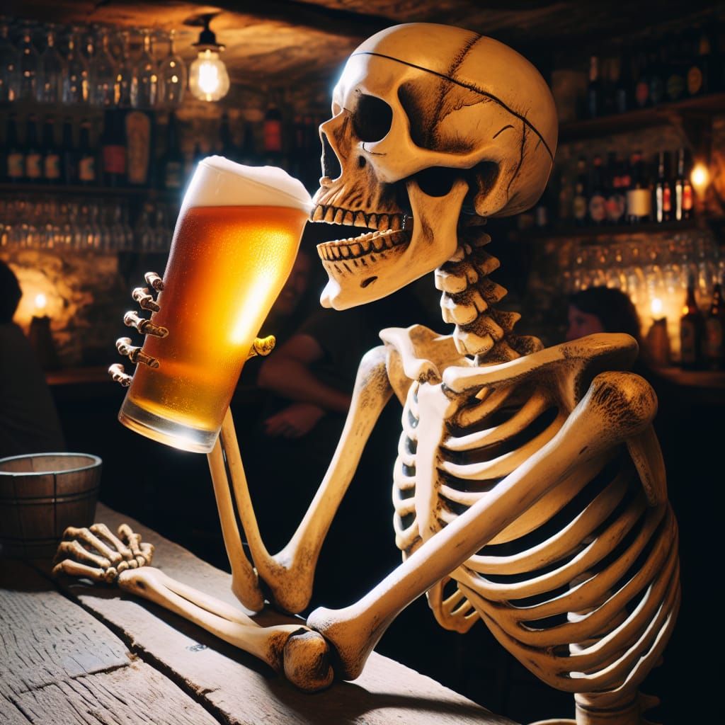 Skeleton Enjoying a Pint of Beer at Bar