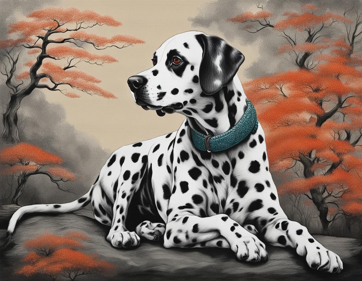 Dalmatian in Japanese Style Charcoal Drawing