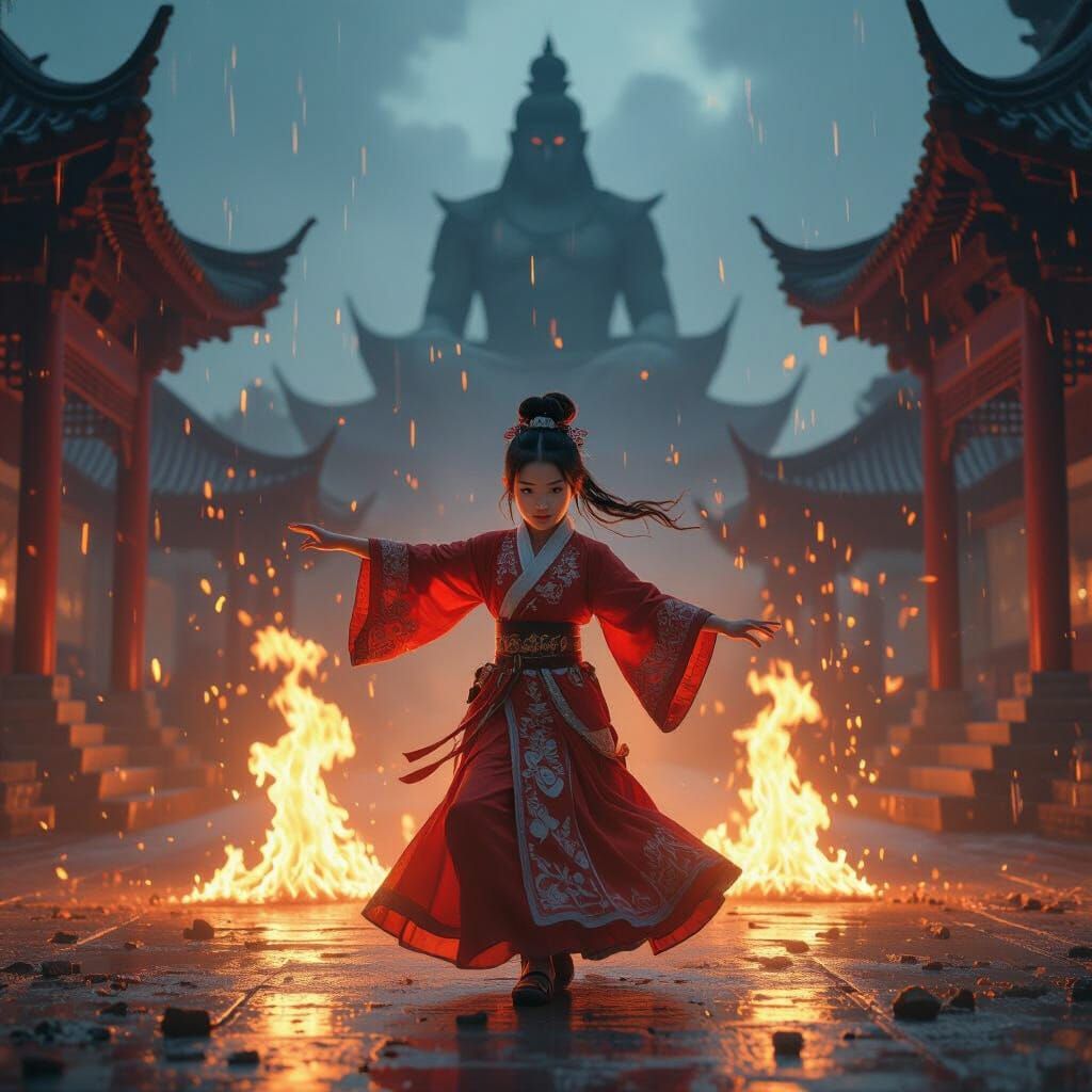 Young Godkin Girl Dancing in Flaming Rain