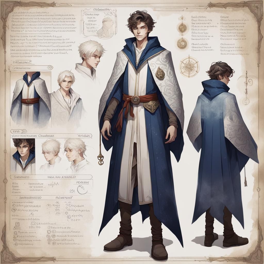 Detailed character sheet, an image and concept art of an oldfashioned teenager male mage in magic robe, in the style of ...