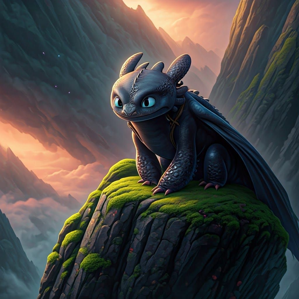 Majestic Female Night Fury Dragon Perched on Moss-Covered Ro...