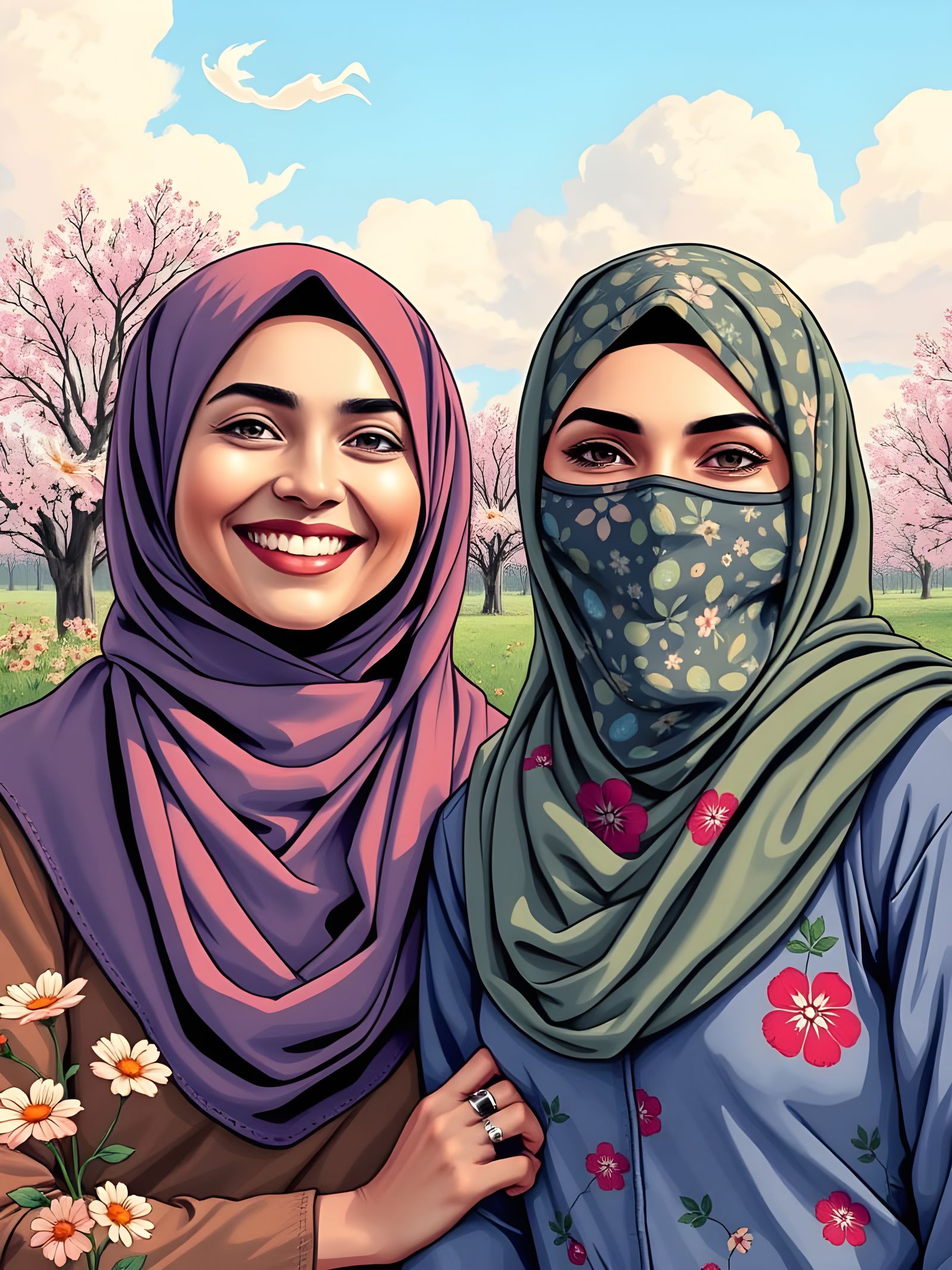 Hijab-Clad Friends in Comic Book Style