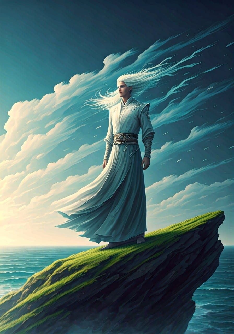 Wind Spirit Overlooking Ocean in High Fantasy Style