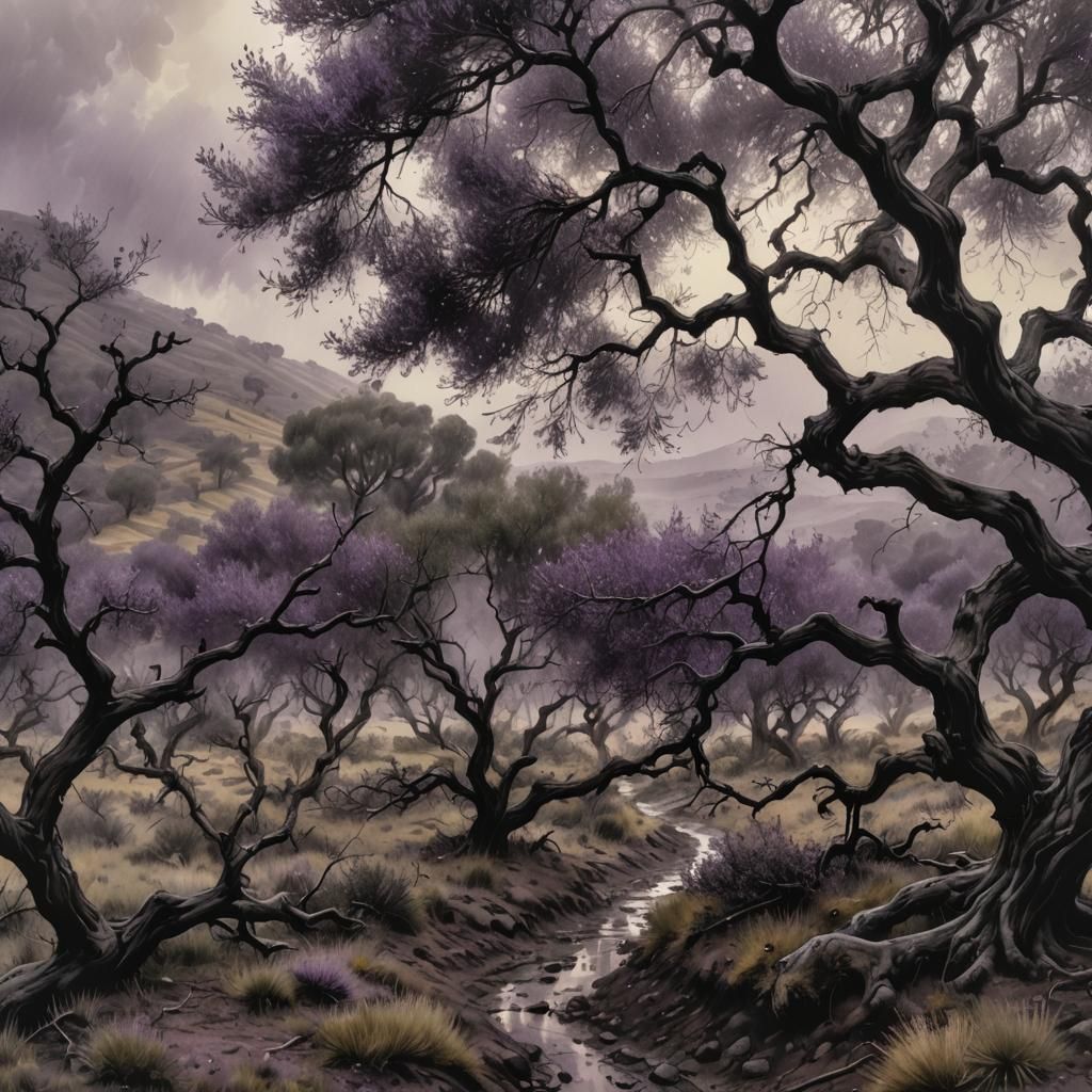 Purple Rain on Olive Trees: Charcoal Drawing
