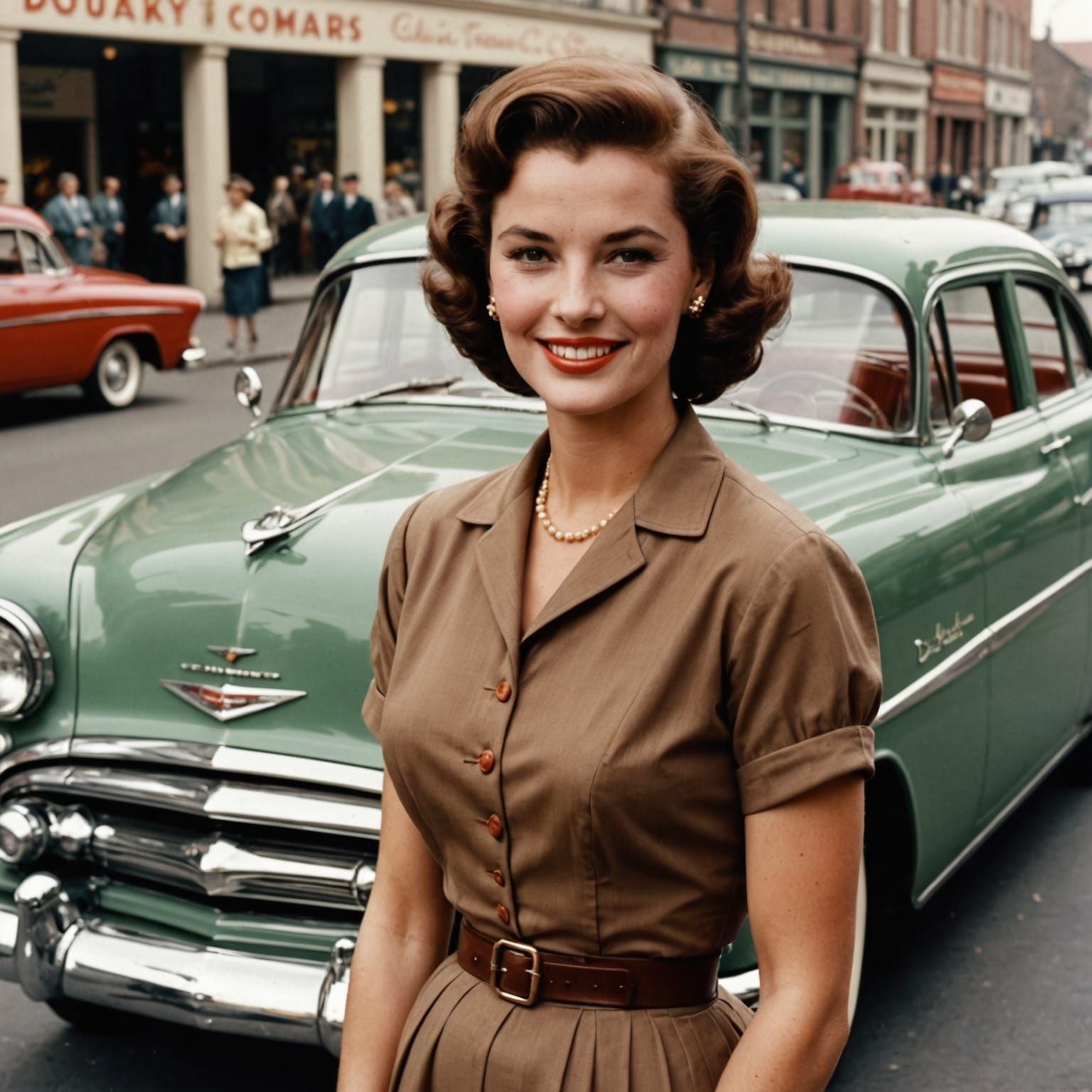 Vintage Pin-Up Girl Smiles in Front of Classic Car