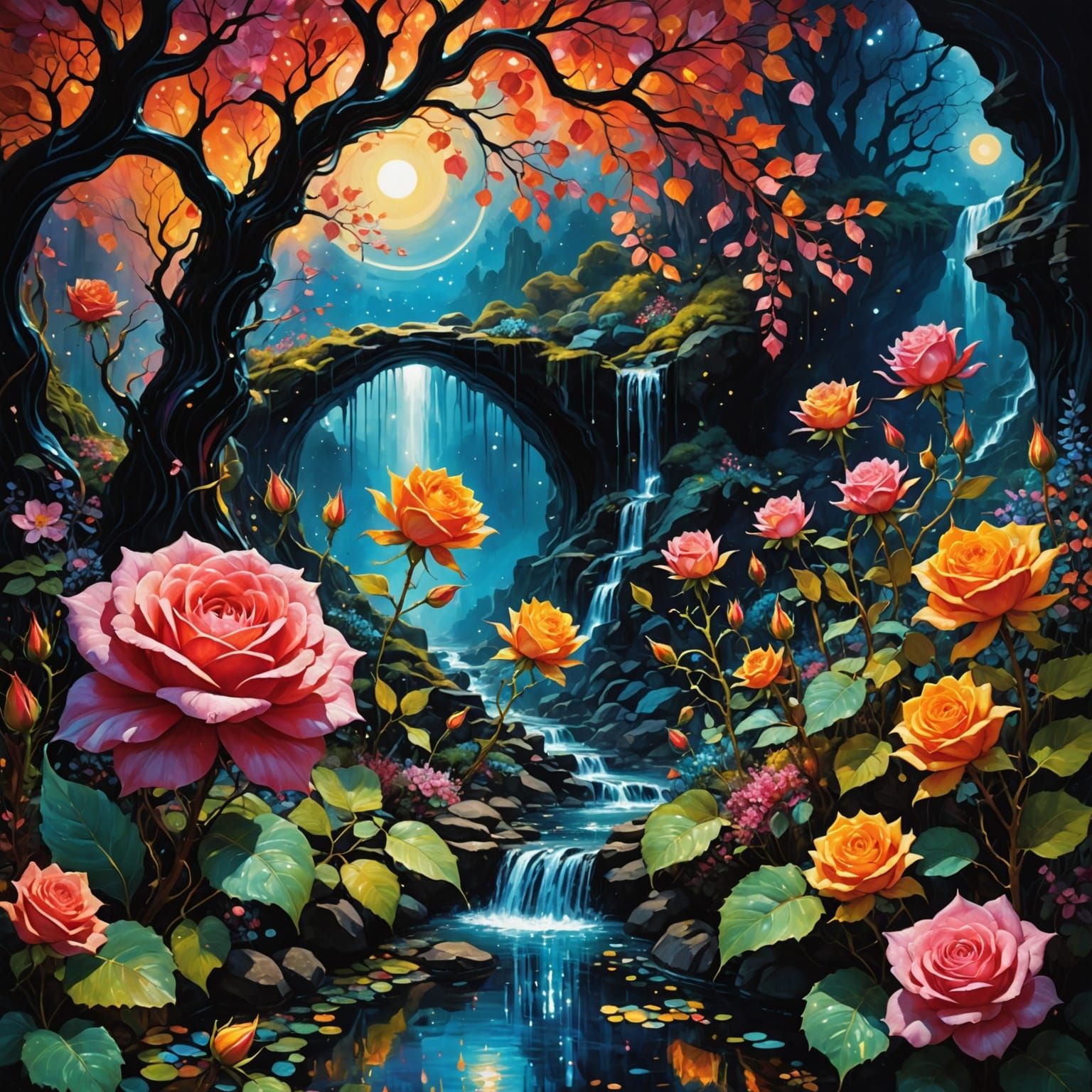 Crystal Rose in Vibrant Fantasy Landscape with Hidden Doorwa...