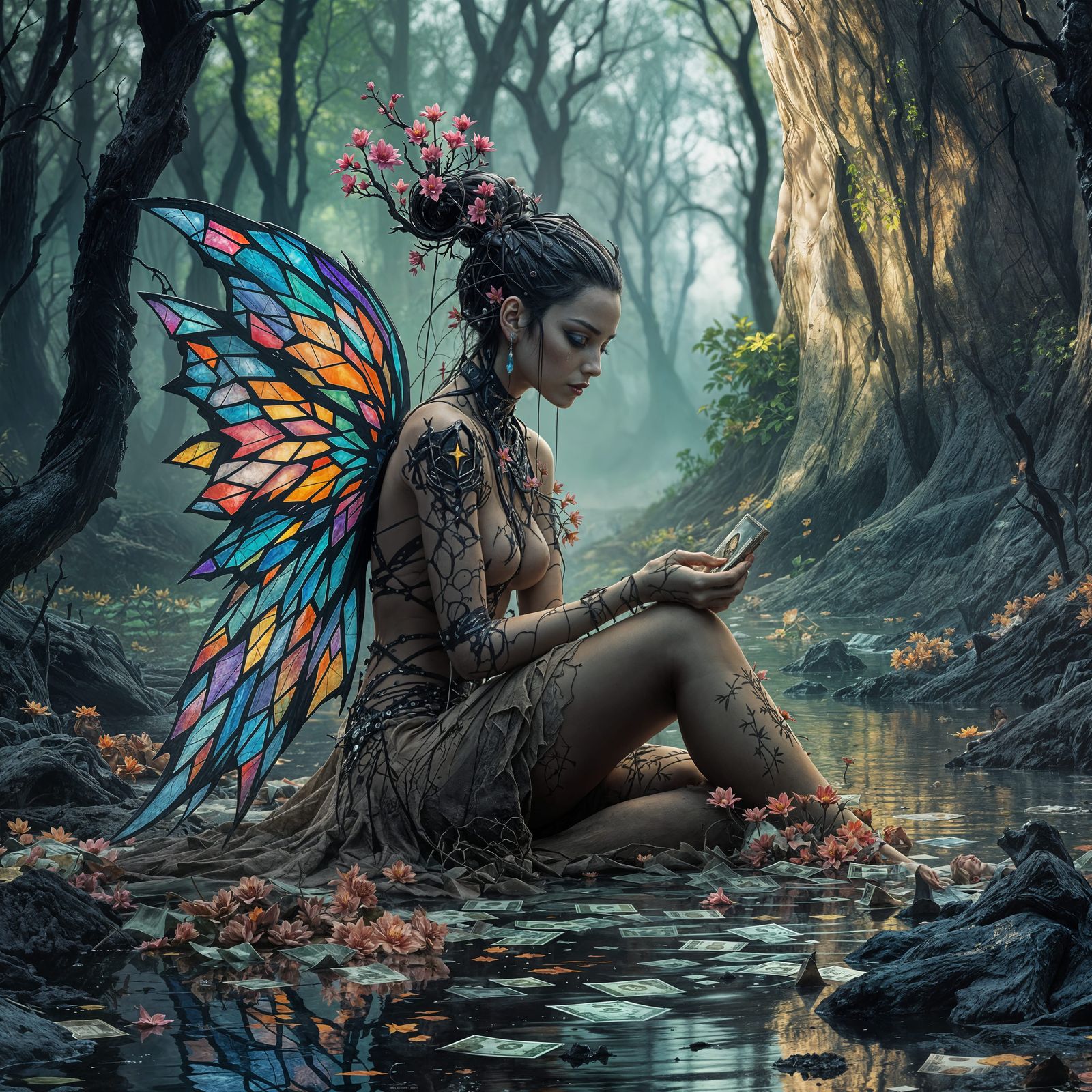 Cyborg with Stained Glass Wings in Opart Style