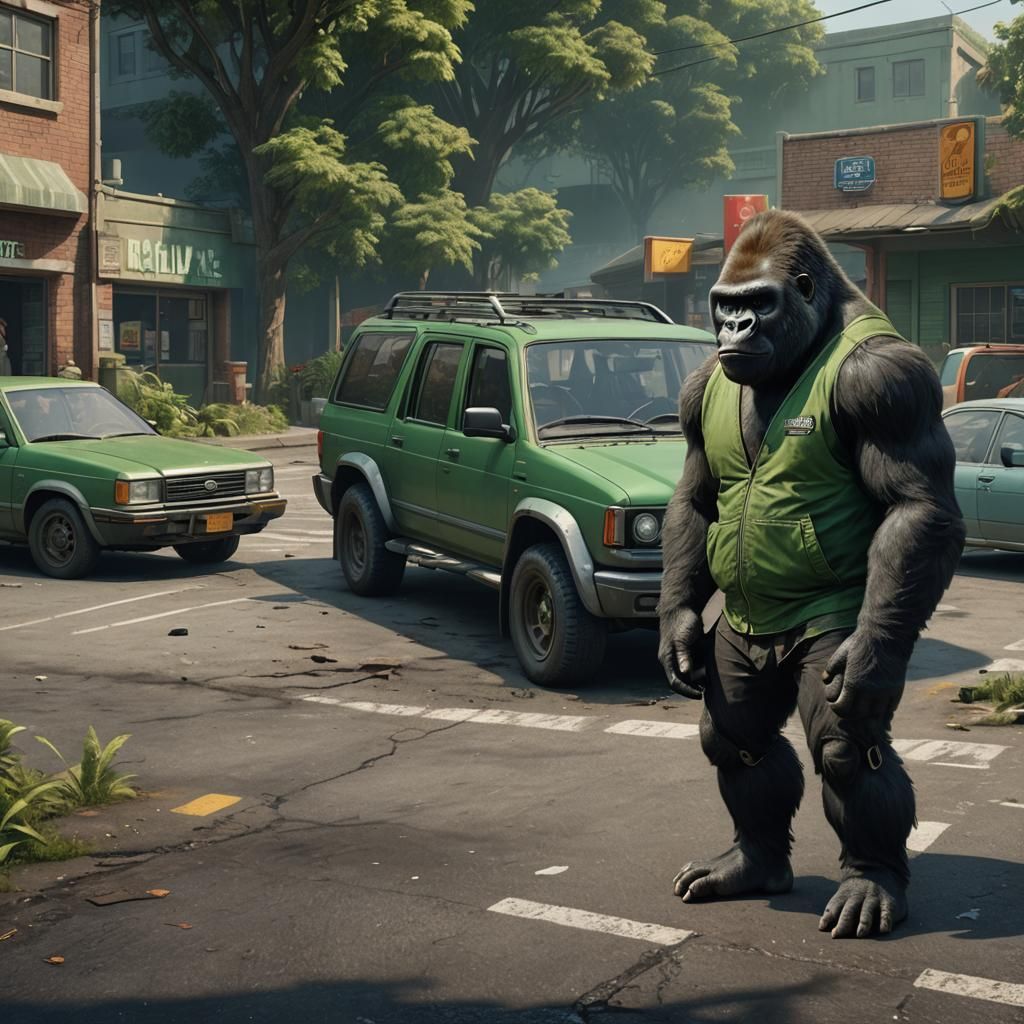 Gorilla in Green Vest by Car: Detailed Matte Painting