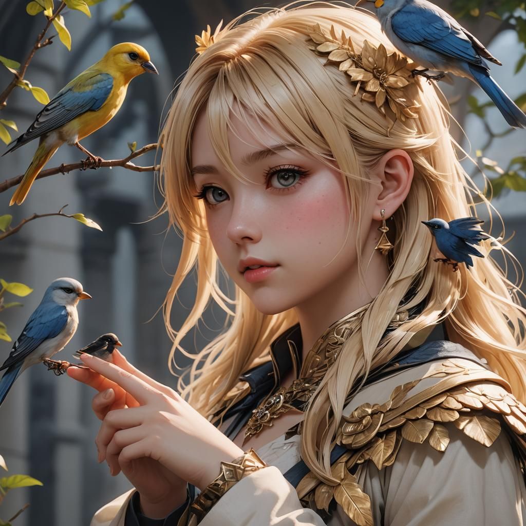 Anime Girl with Bird in 3D Style