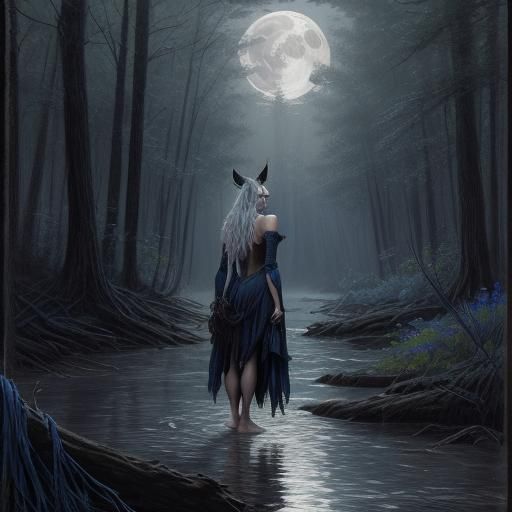 Wolf-Eared Woman in Dark Forest, Horror Art