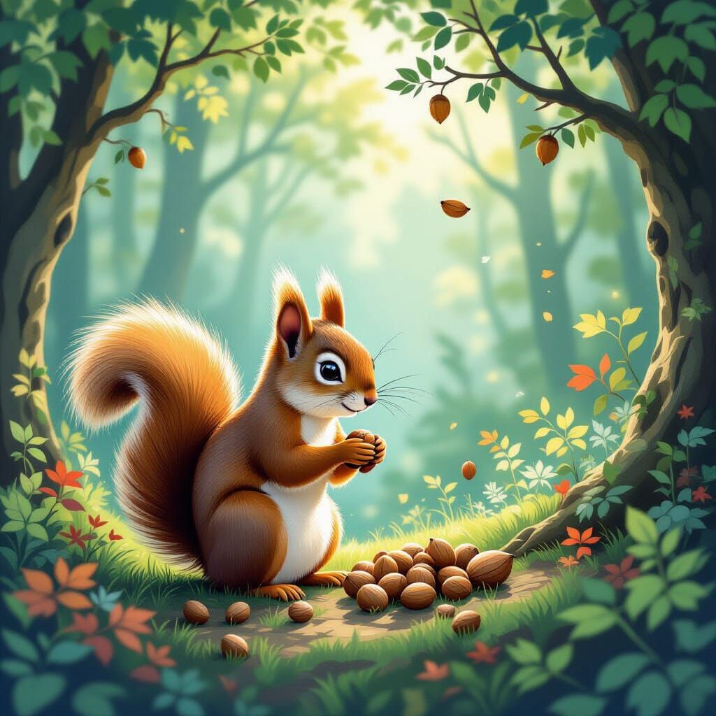 Enchanted Forest Squirrel Gathering Nuts Poster