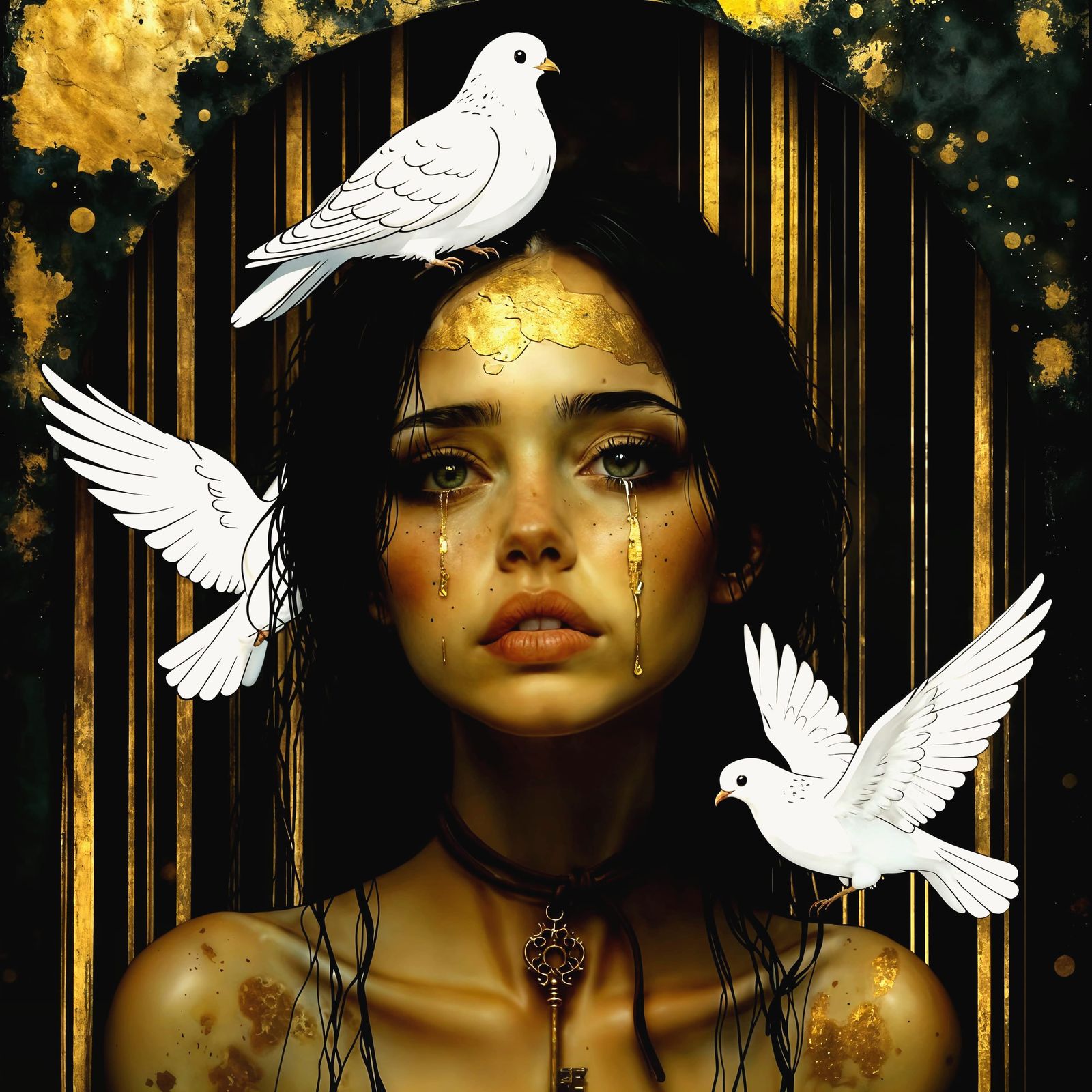 Woman Trapped in Golden Bird Cage Longing for Freedom