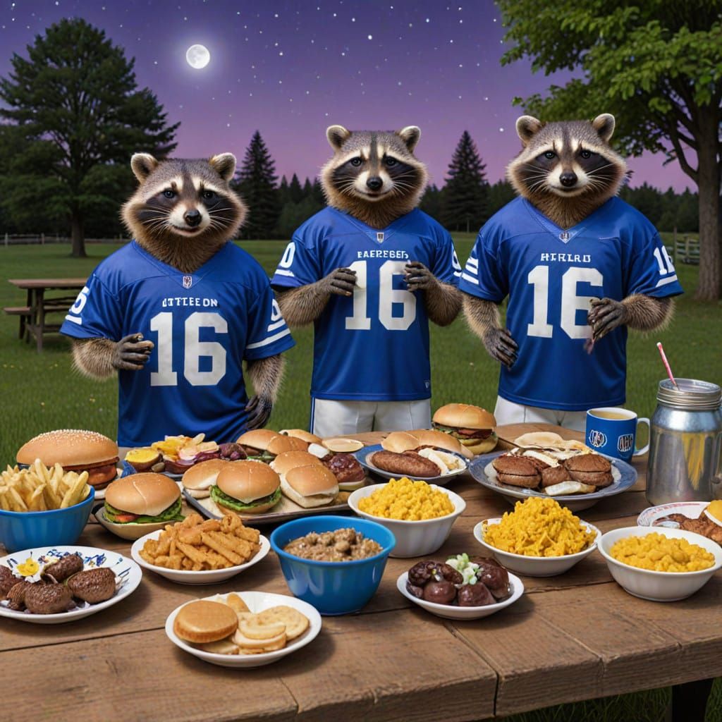 Cute Raccoons in Football Jerseys Enjoy Midnight Picnic