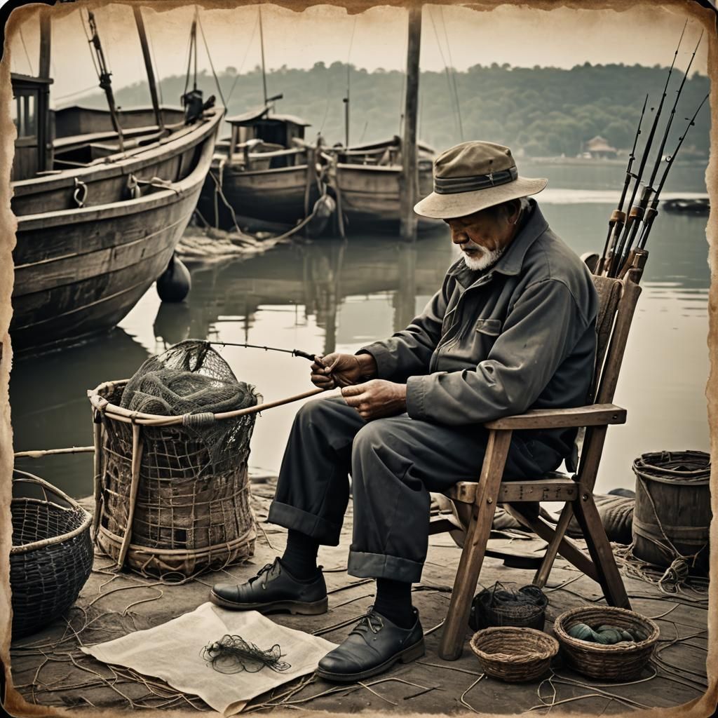 Fisherman Mending Net: Sumi-e Ink on Parchment