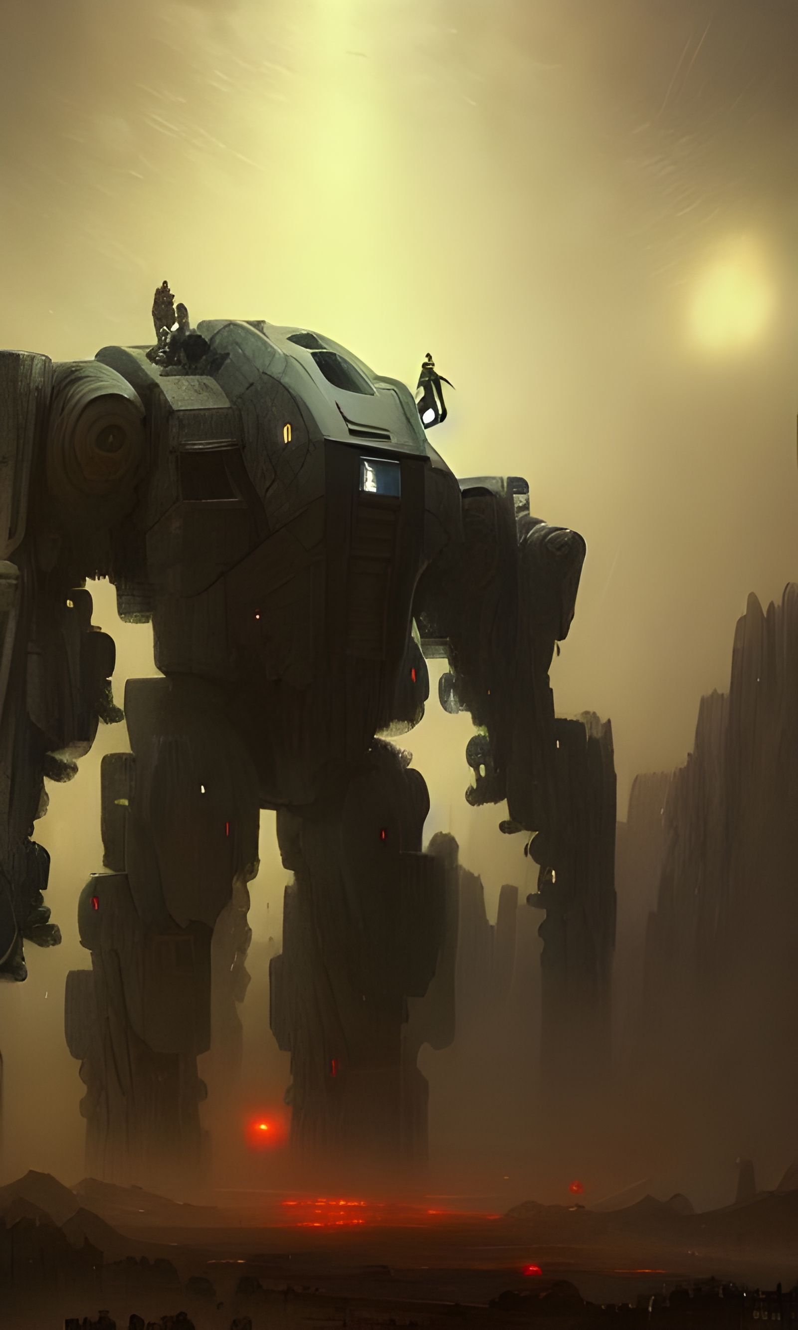 Giant Mech in Rainy Fantasy Landscape