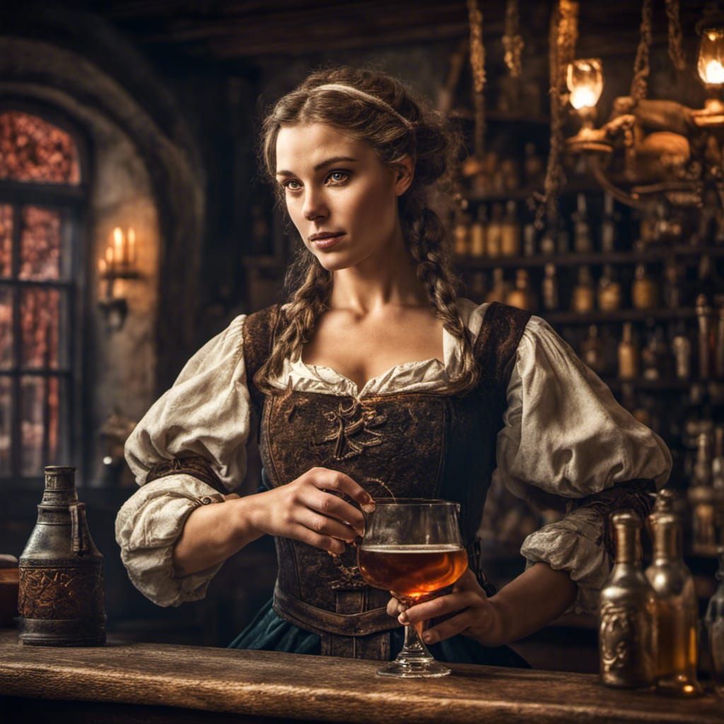 Medieval Barmaid Serving Drinks in Tavern