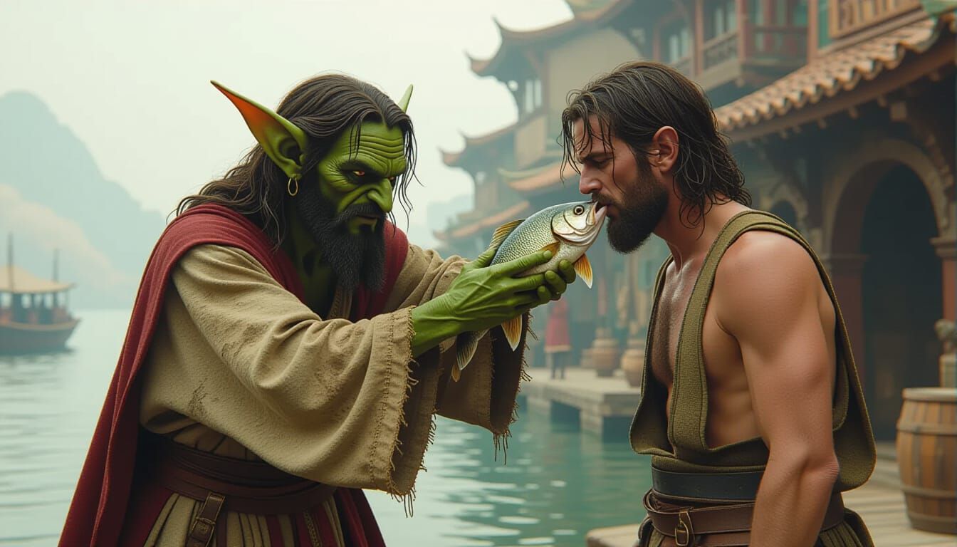 Goblin Christ Slaps Man with Fish: Detailed Matte Painting