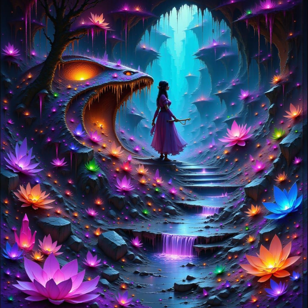 Woman Adventurer in Bioluminescent Crystal Cavern