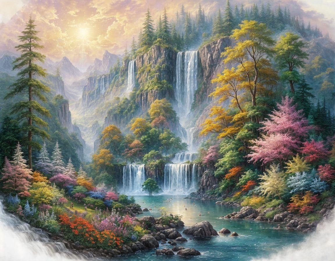 Ethereal Waterfall Paradise in Vibrant Colors