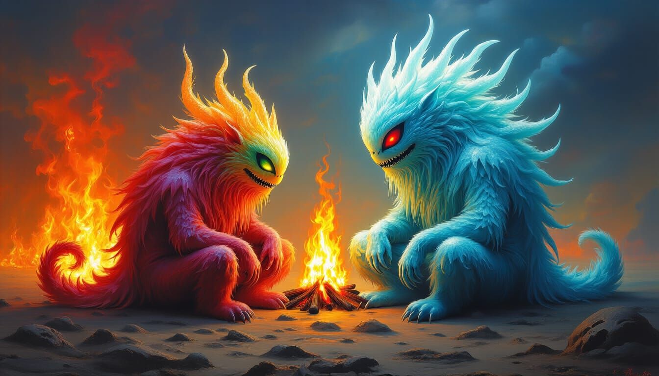 Psychedelic Ice and Fire Creatures in Surreal Mixed Media