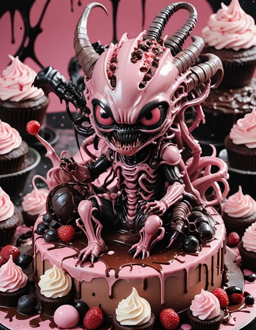 Chibi Xenomorph in Chocolate Cake: Hyperrealistic Concept Ar...