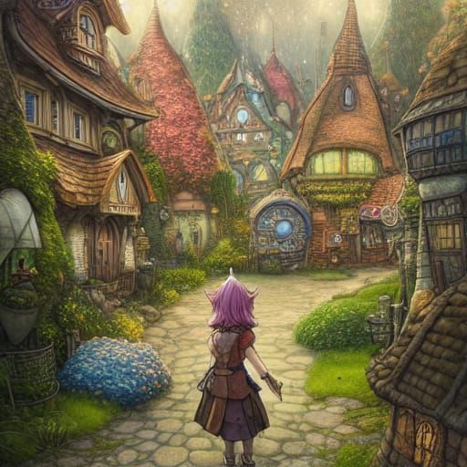 Gnome Steampunk Village in Storybook Illustration Style