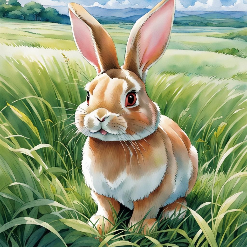 Cute Anime Rabbit in Grassy Field: Watercolor Style