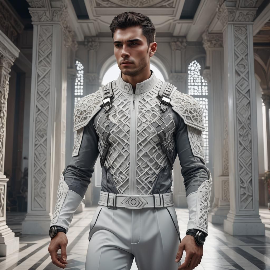 Chiseled Brunette in Carved Couture, Detailed Matte Painting