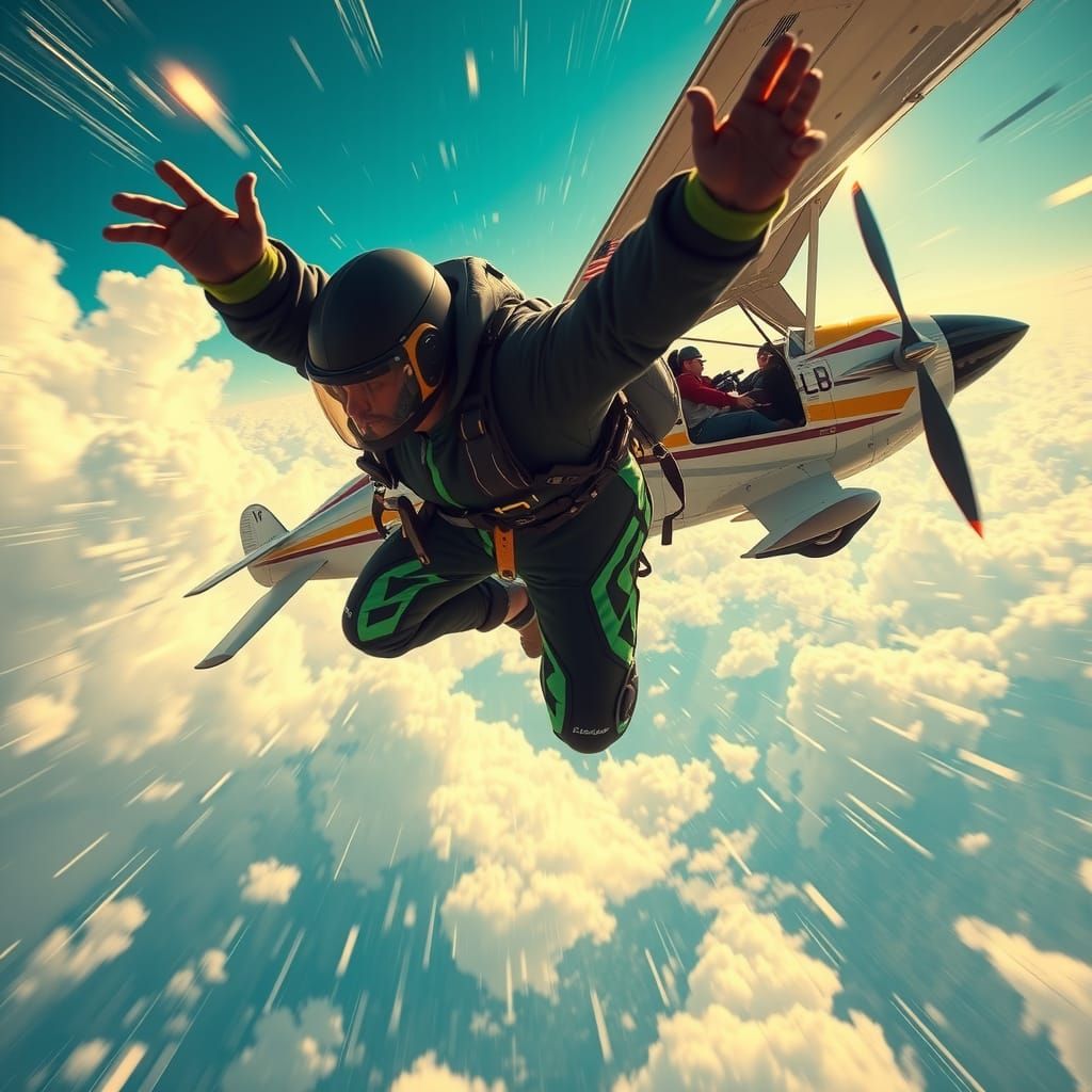 Skydiver Leaps From Plane in Dynamic Cyberpunk Style