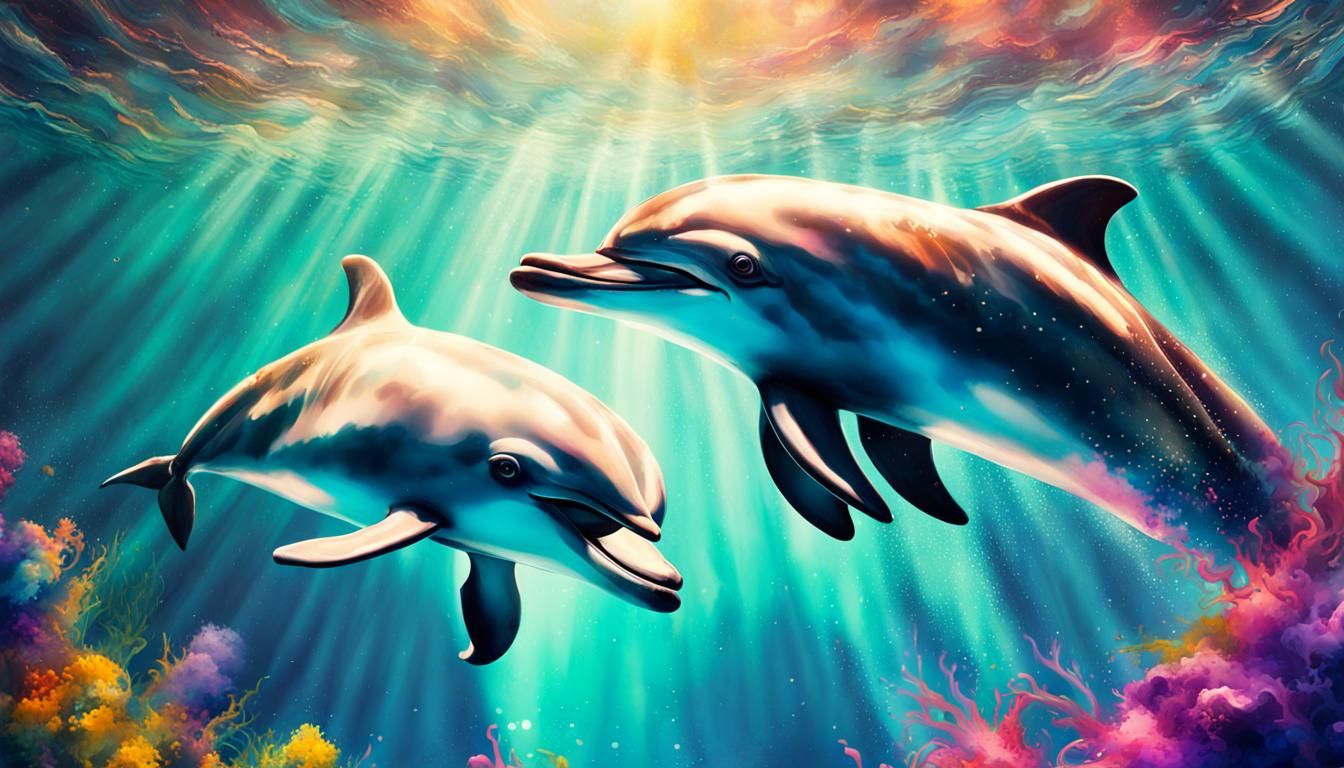 Dolphins Underwater Romance in Graffiti Art Style