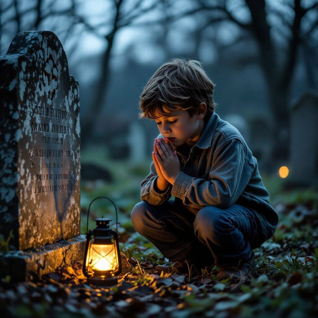 Boy Praying at Tombstone at Night in Cinematic Style