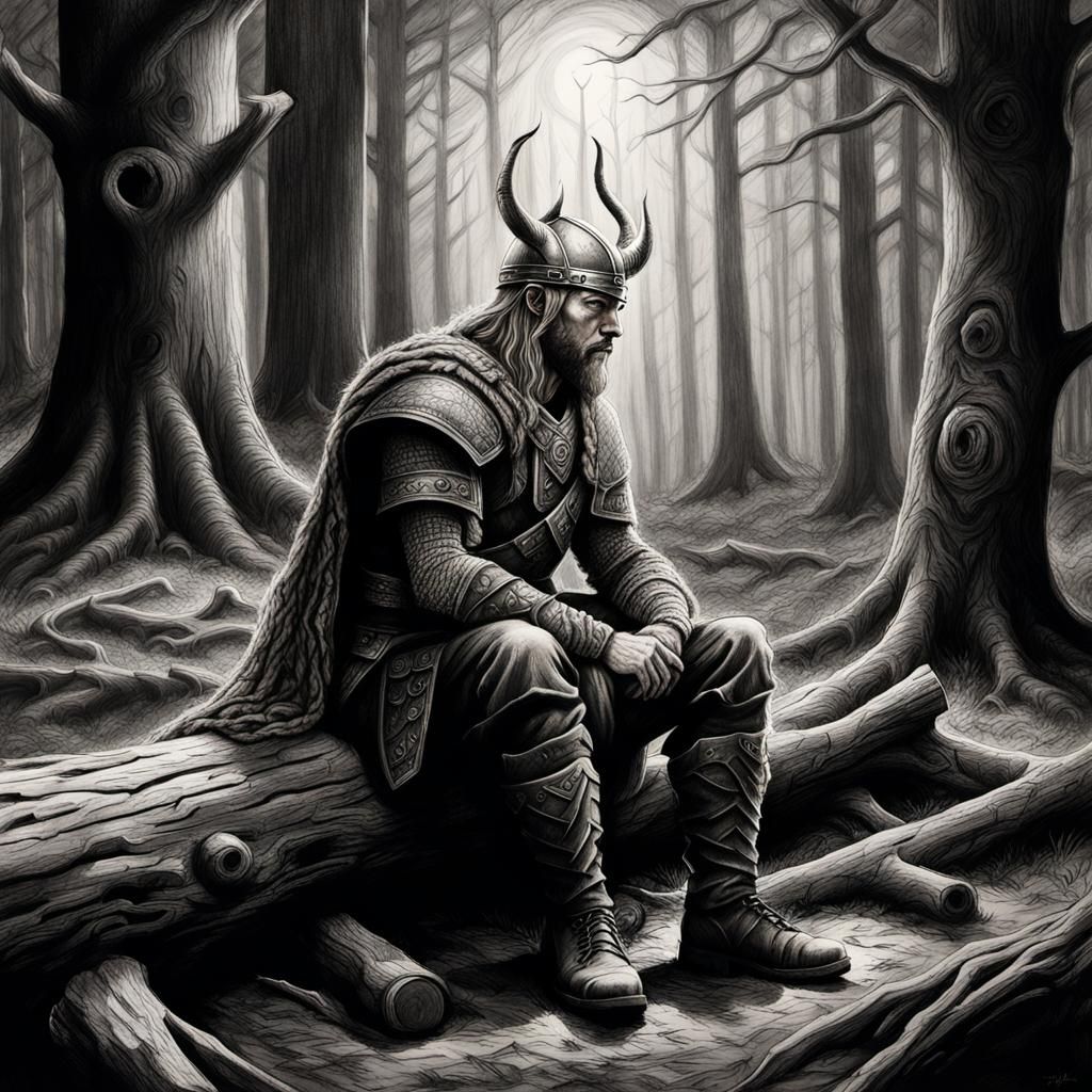 Viking Warrior Resting: Charcoal Drawing in Eerie Forest